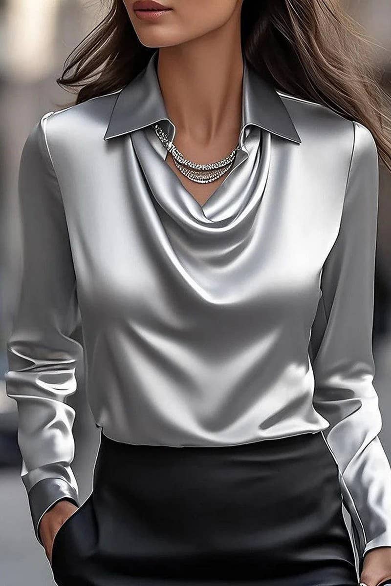 DRAPED NECK LONG SLEEVE BLOUSE: KHAKI / (XXL)