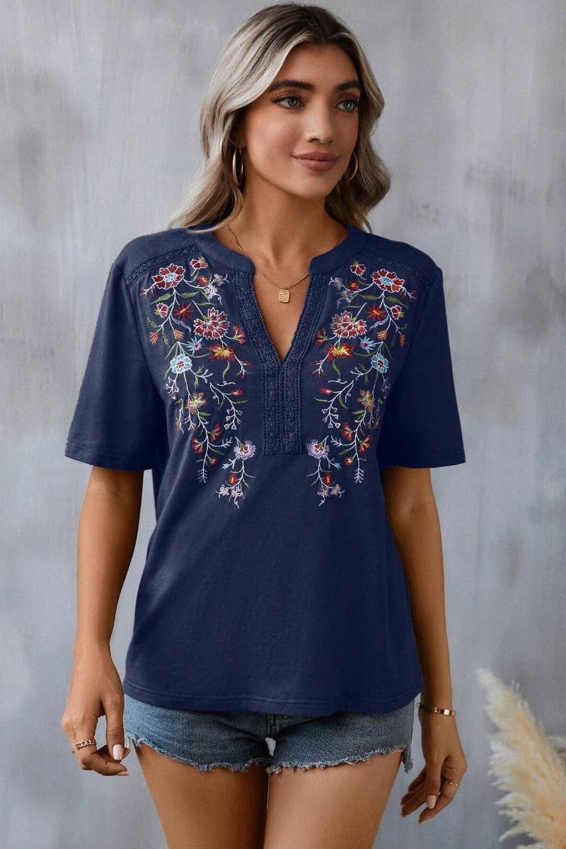 EMBROIDERY PATCHWORK LACE LACE SHORT SLEEVE TOP: ARMYGREEN / (S)