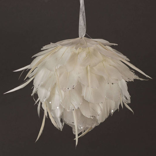 FEATHER ORNAMENT - 6" WHITE TIP W/SILVER GLITTER