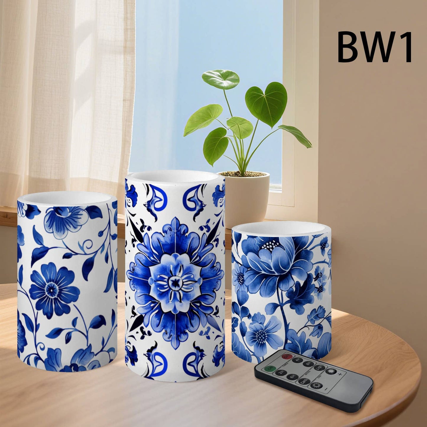 3-Piece Blue & White Porcelain Flameless LED Pillar Candles: BW2