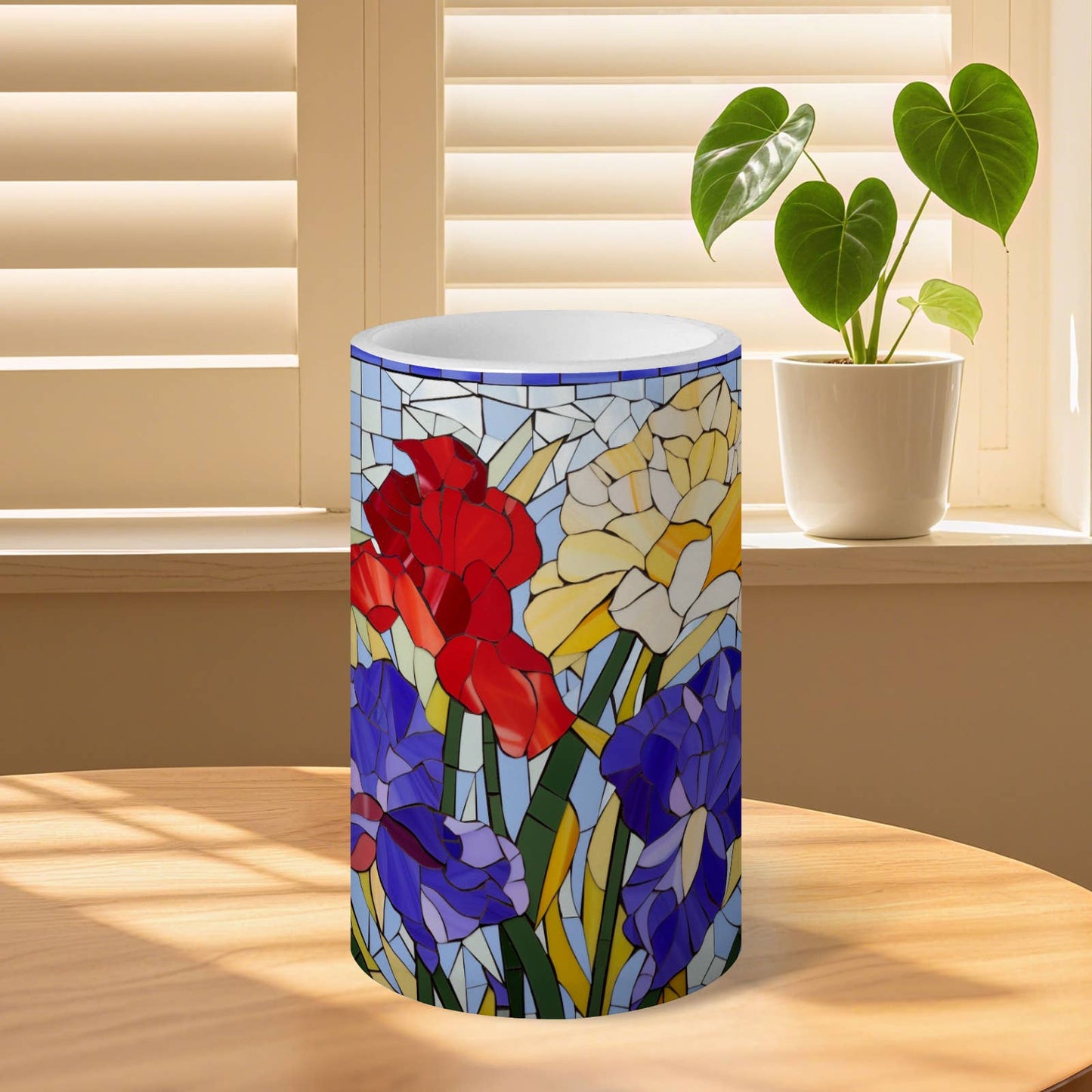 Floral Pattern Striped Flameless Pillar LED Candle Set of 3: HH7