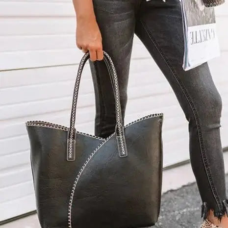 Stitch Trim Detail Shoulder/Tote Set Bag- Black