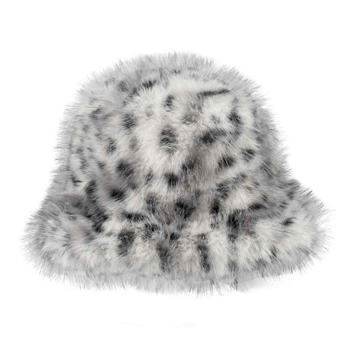 Faux Fur Leopard Bucket Hat - Light Grey