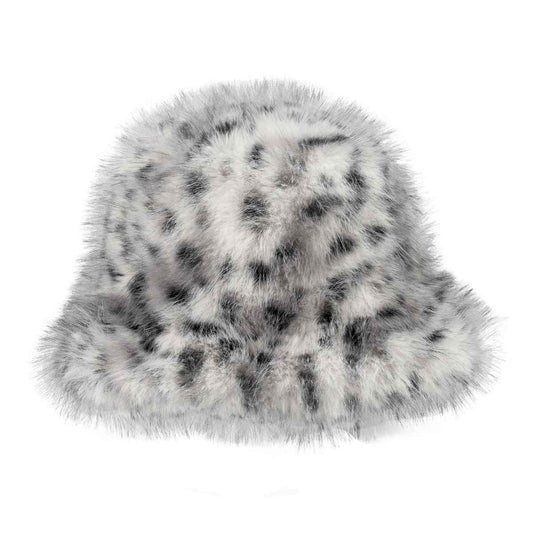 Faux Fur Leopard Bucket Hat - Light Grey