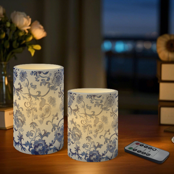 3-Piece Blue & White Porcelain Flameless LED Pillar Candles: BW2