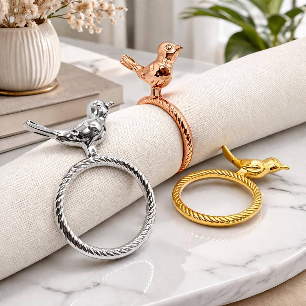 Bird Metal Napkin Ring: Silver (Set of 4)