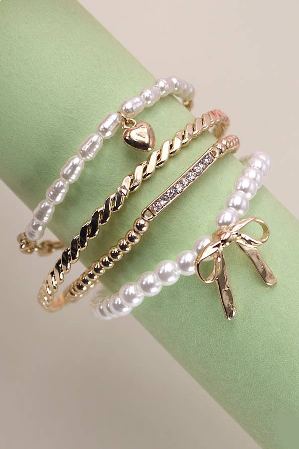 BOW PEARL RHINESTONE BAR STRETCH BANGLE SET | 80B137: GOLD