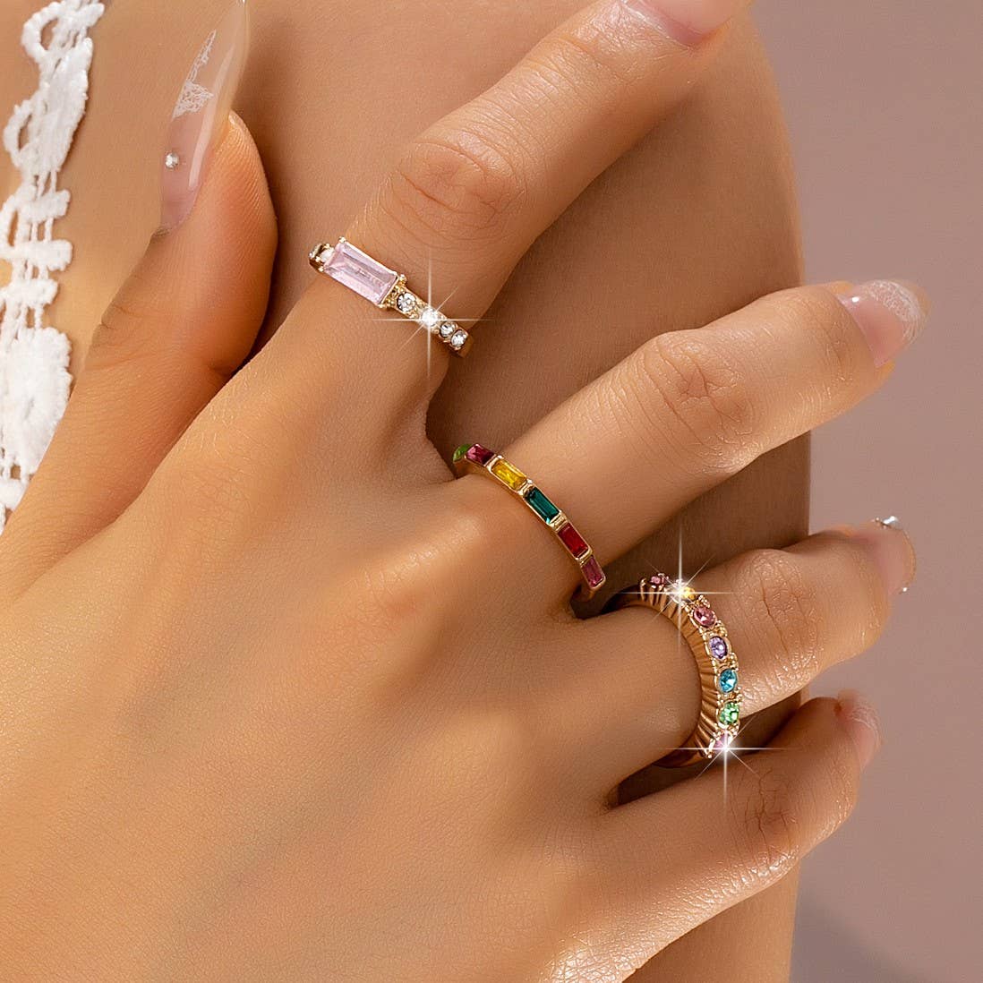 Rainbow Gemstone Triple Band Ring Set | 80R228: Set