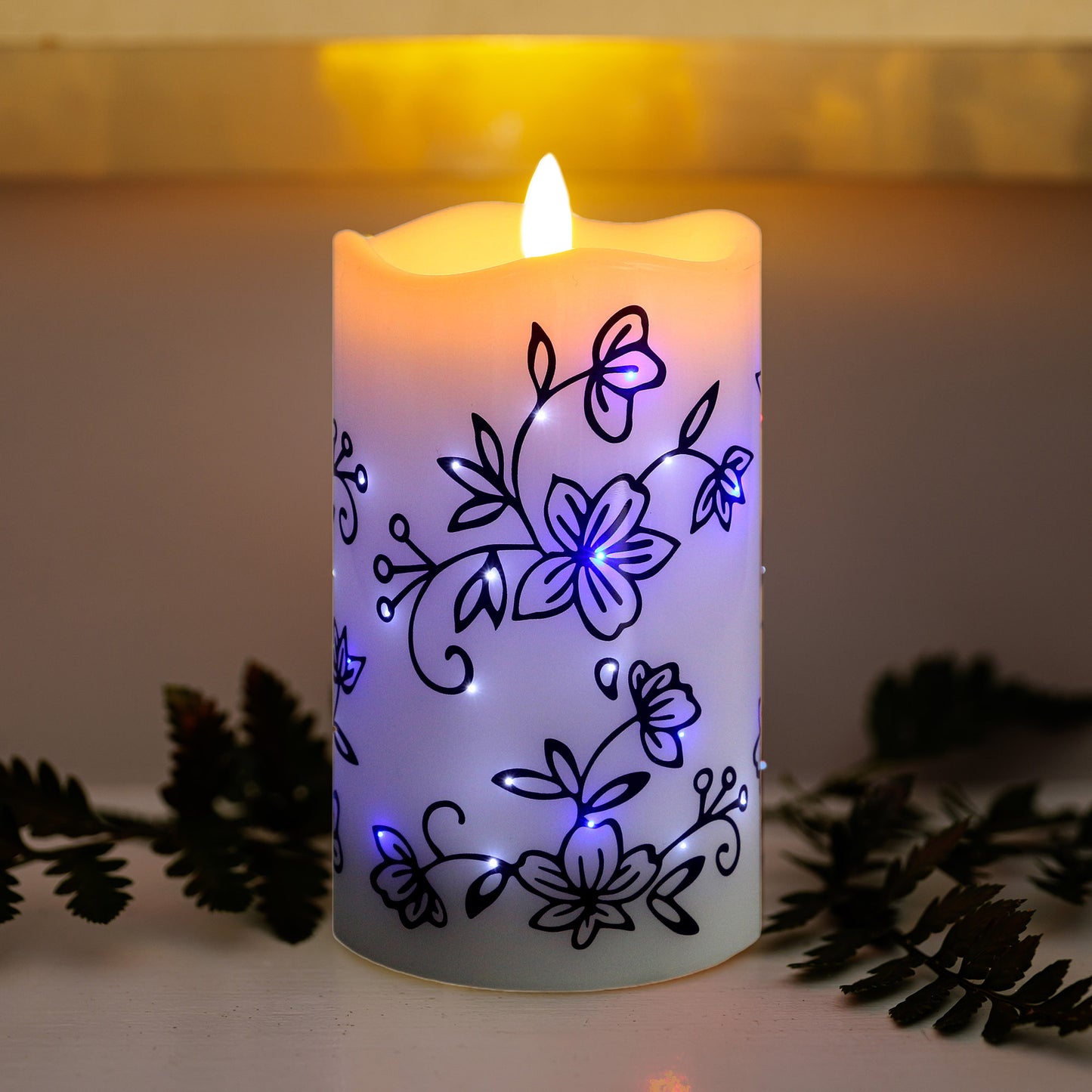 Temp-tations 5in Fiber Optic Flameless Candle - Floral Lace Blue