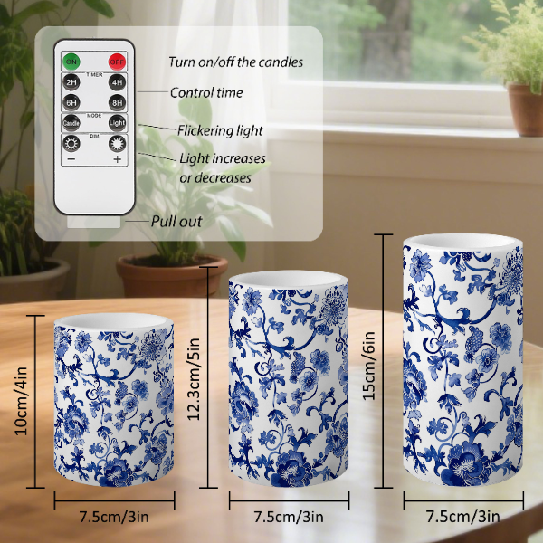 3-Piece Blue & White Porcelain Flameless LED Pillar Candles: BW2