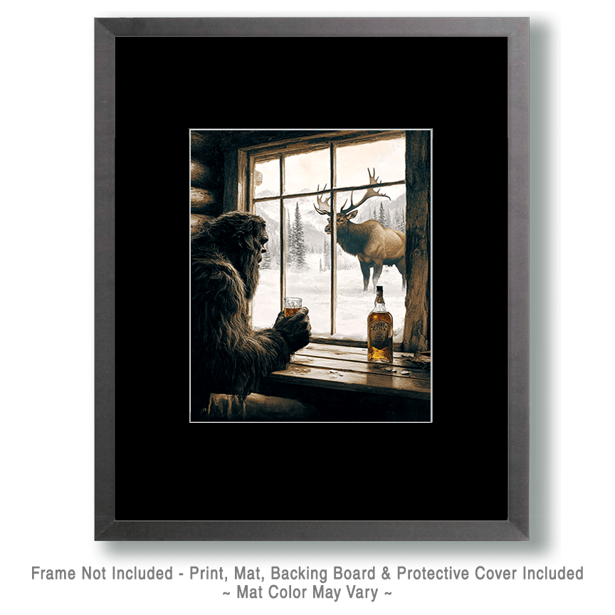 Bigfoot Watches a Bull Elk - Cryptids  8"10" Artwork for 11"x12" Frame