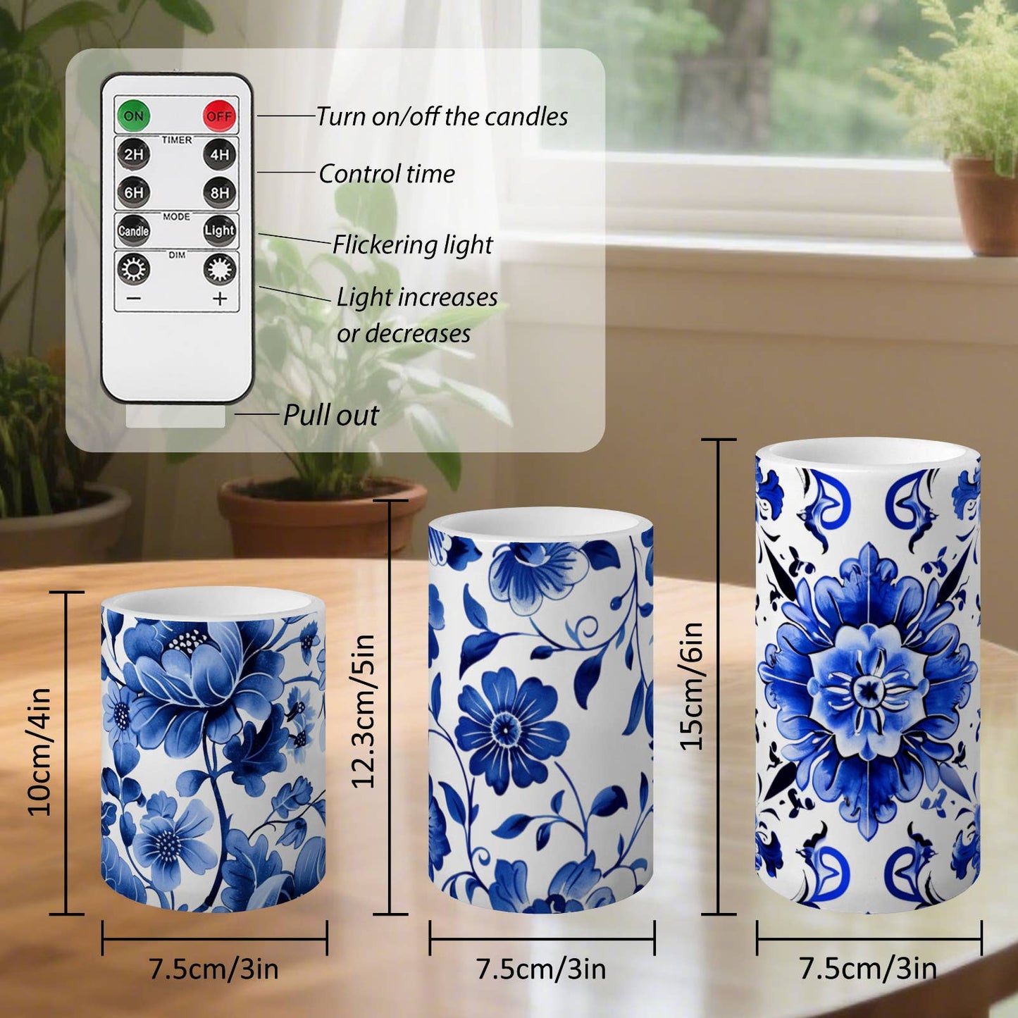 3-Piece Blue & White Porcelain Flameless LED Pillar Candles: BW2