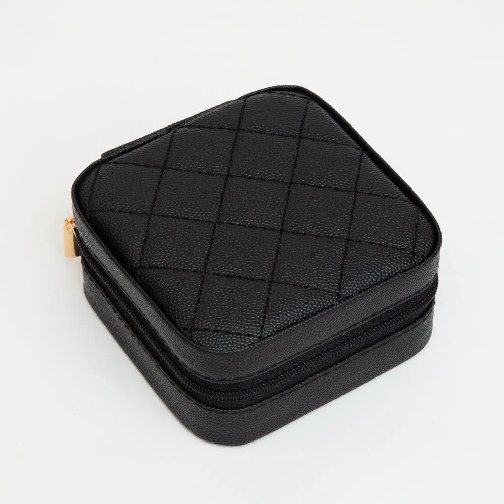 Quilted Zip Around Square Jewelry Box - Black