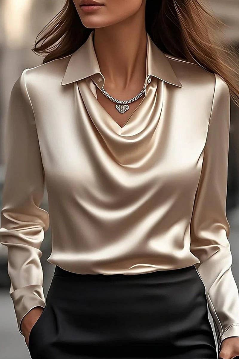 DRAPED NECK LONG SLEEVE BLOUSE: KHAKI / (XXL)