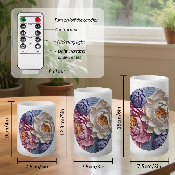 Floral Pattern Striped Flameless Pillar LED Candle Set of 3: HH7