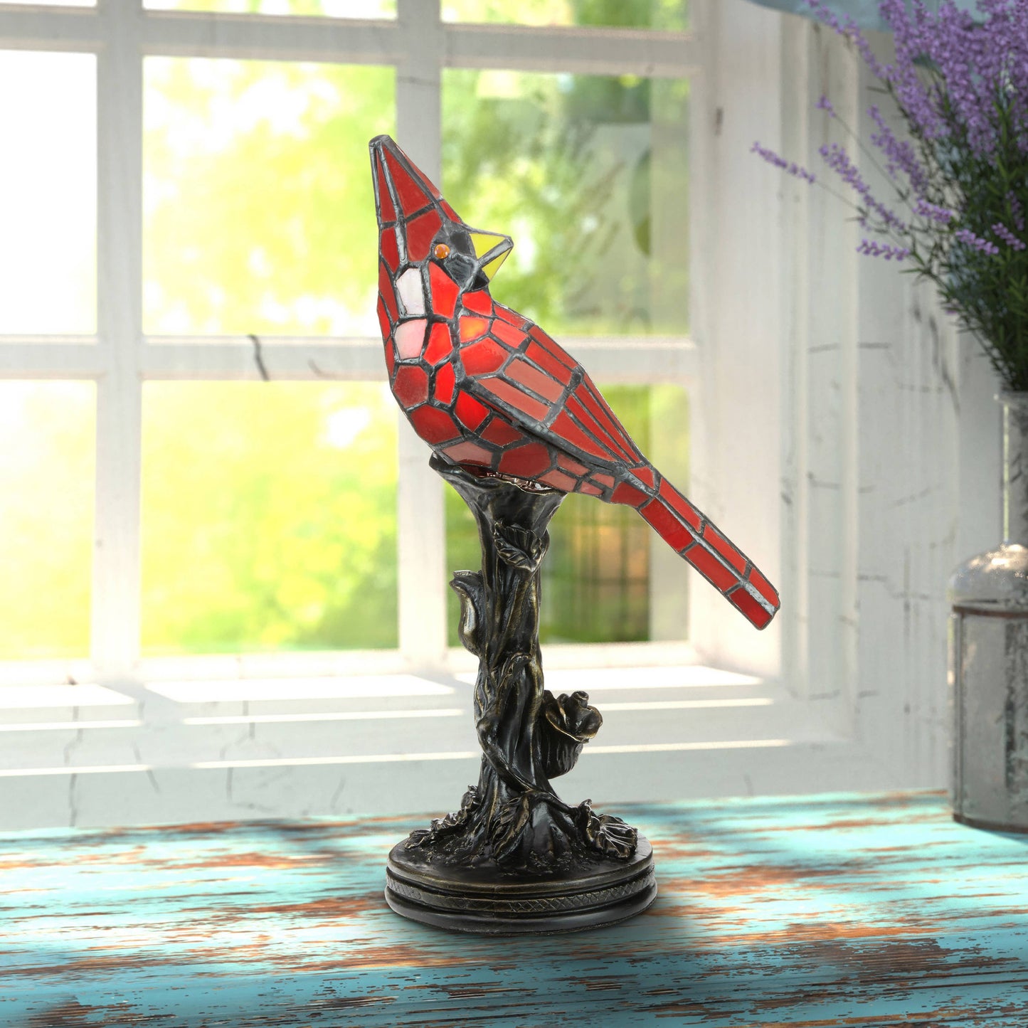 13.5"H Skylar Red Cardinal Stained Glass Bird Accent Lamp
