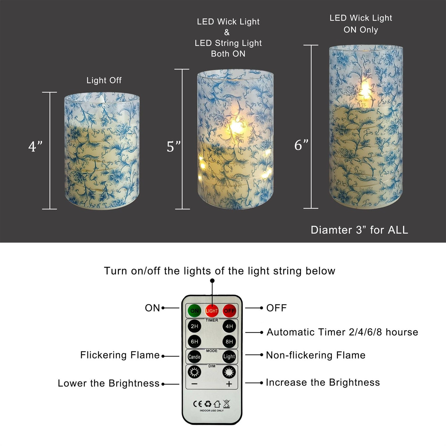 Set of 3 Floral Printed Home Decor Flameless LED Candles