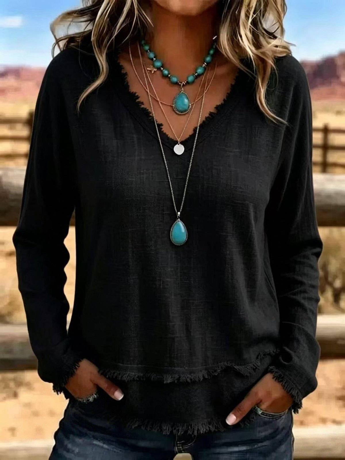 Women's Frayed Hem V-Neck Long Sleeve Casual Top: Black / 100%Polyester / XL