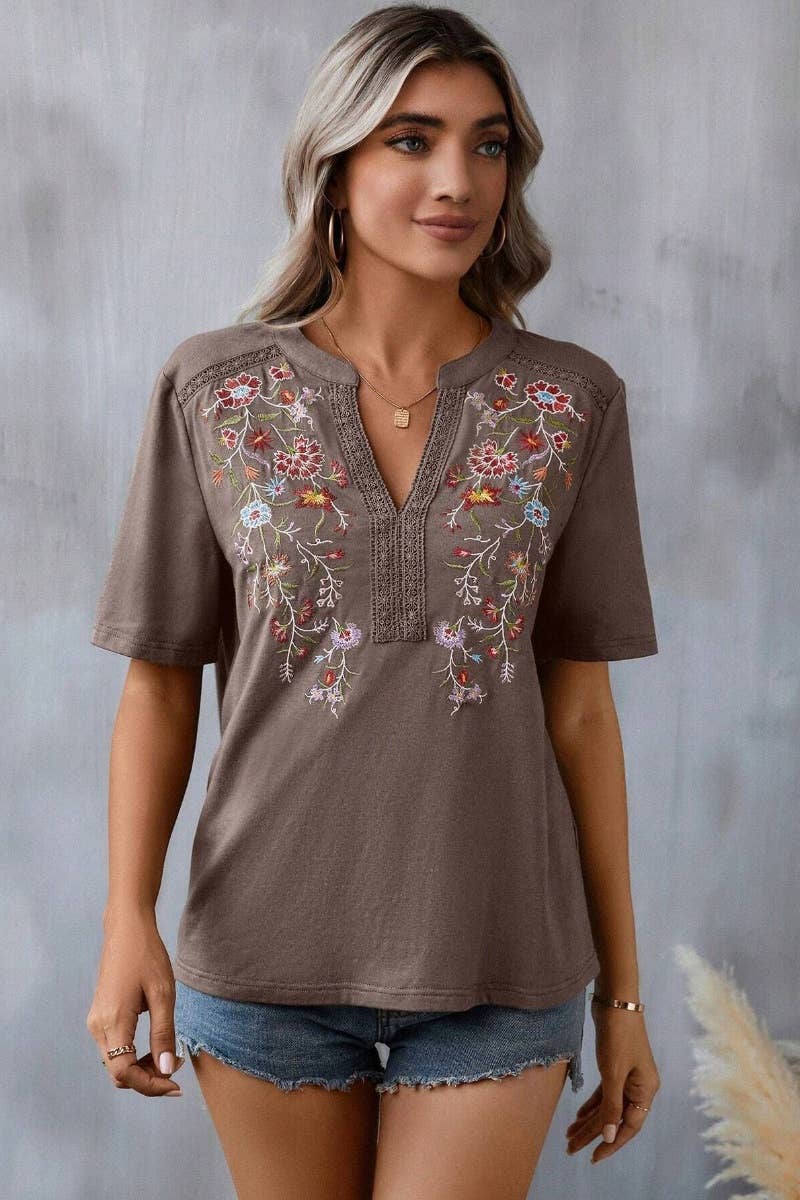 EMBROIDERY PATCHWORK LACE LACE SHORT SLEEVE TOP: ARMYGREEN / (S)