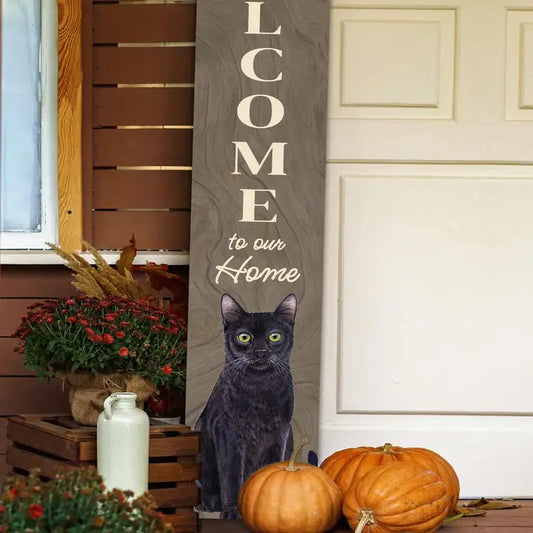 Cat, Black Welcome Sign