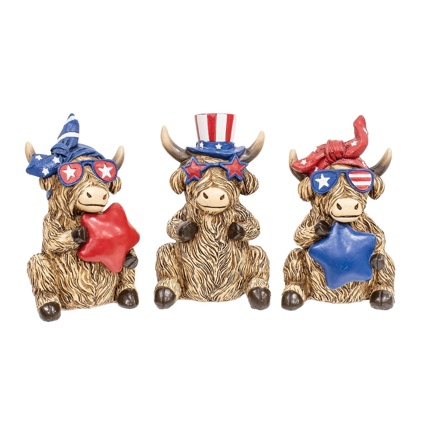Resin Patriotic Highland Cow Sitter 3 Assorted