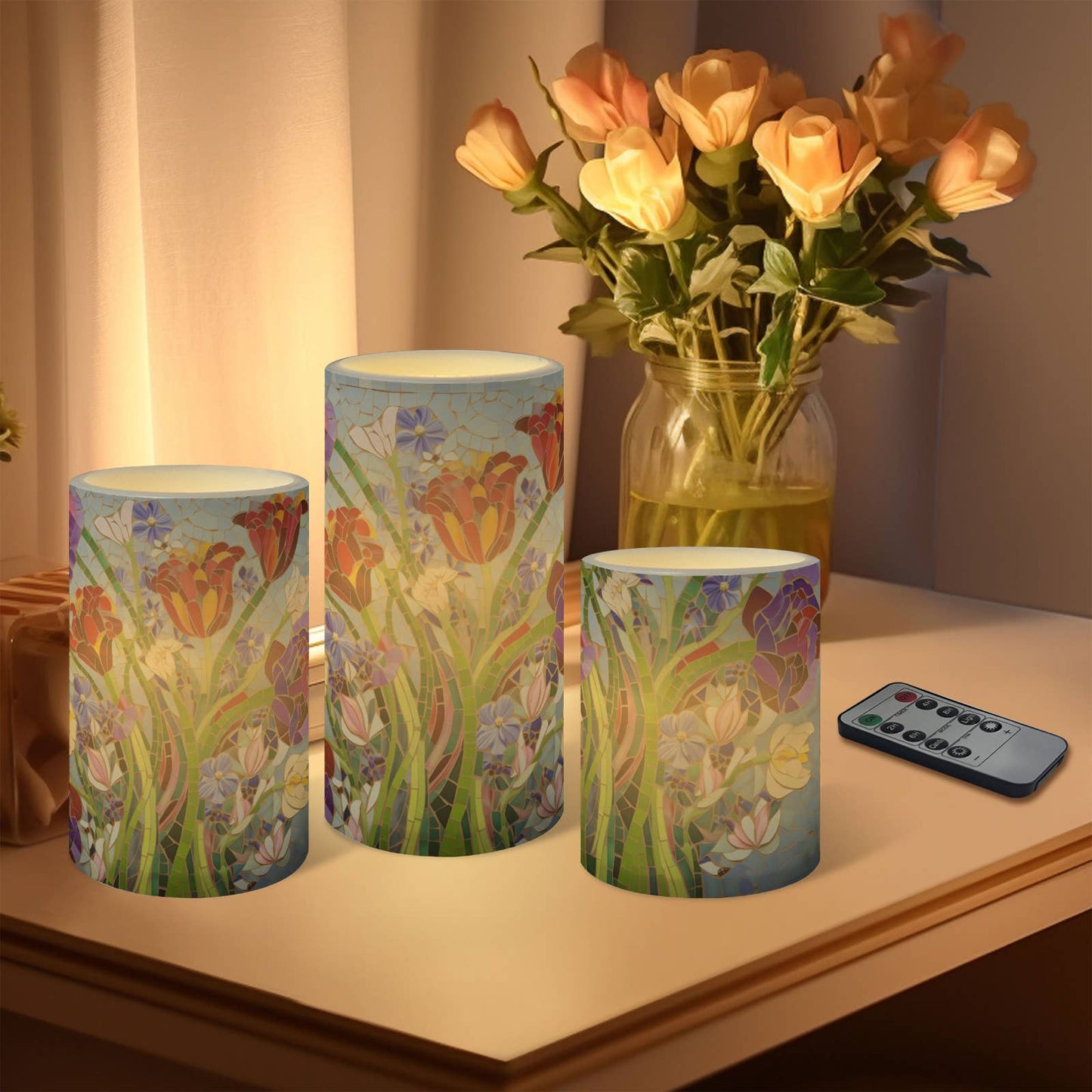 Floral Pattern Striped Flameless Pillar LED Candle Set of 3: HH7