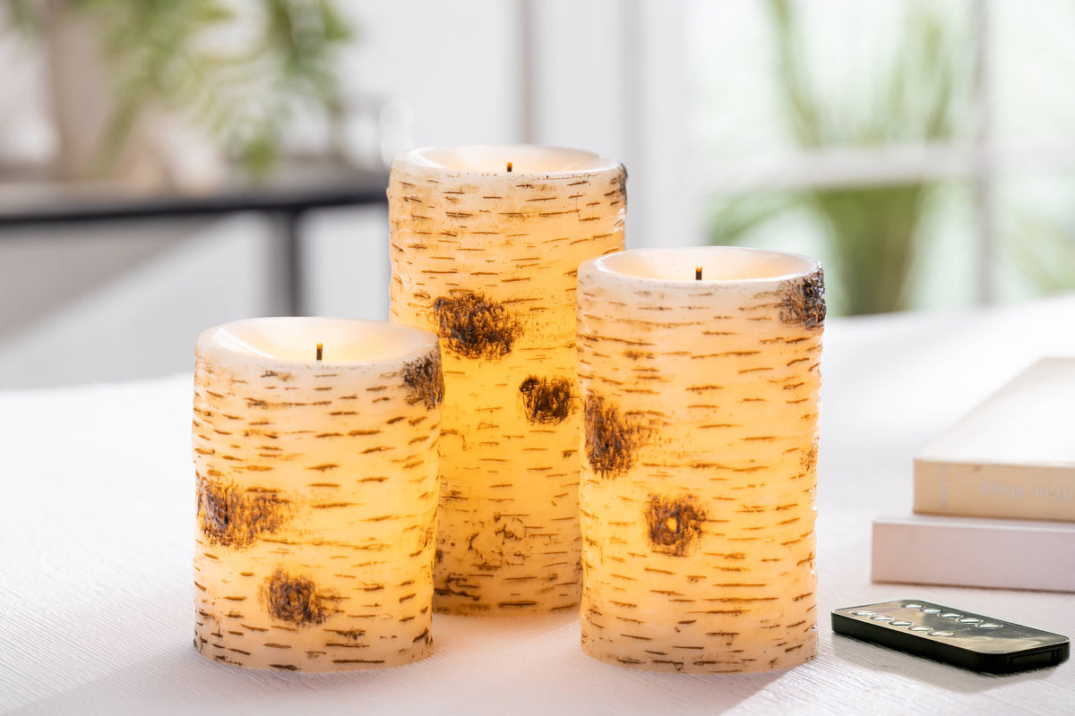 Set of 3 Birch Bark LED Wax Pillar Candles – Graduated 4-Inch, 5-Inch, and 6-Inch Flameless Pillars with Glow Wick(R) and Warm White LED