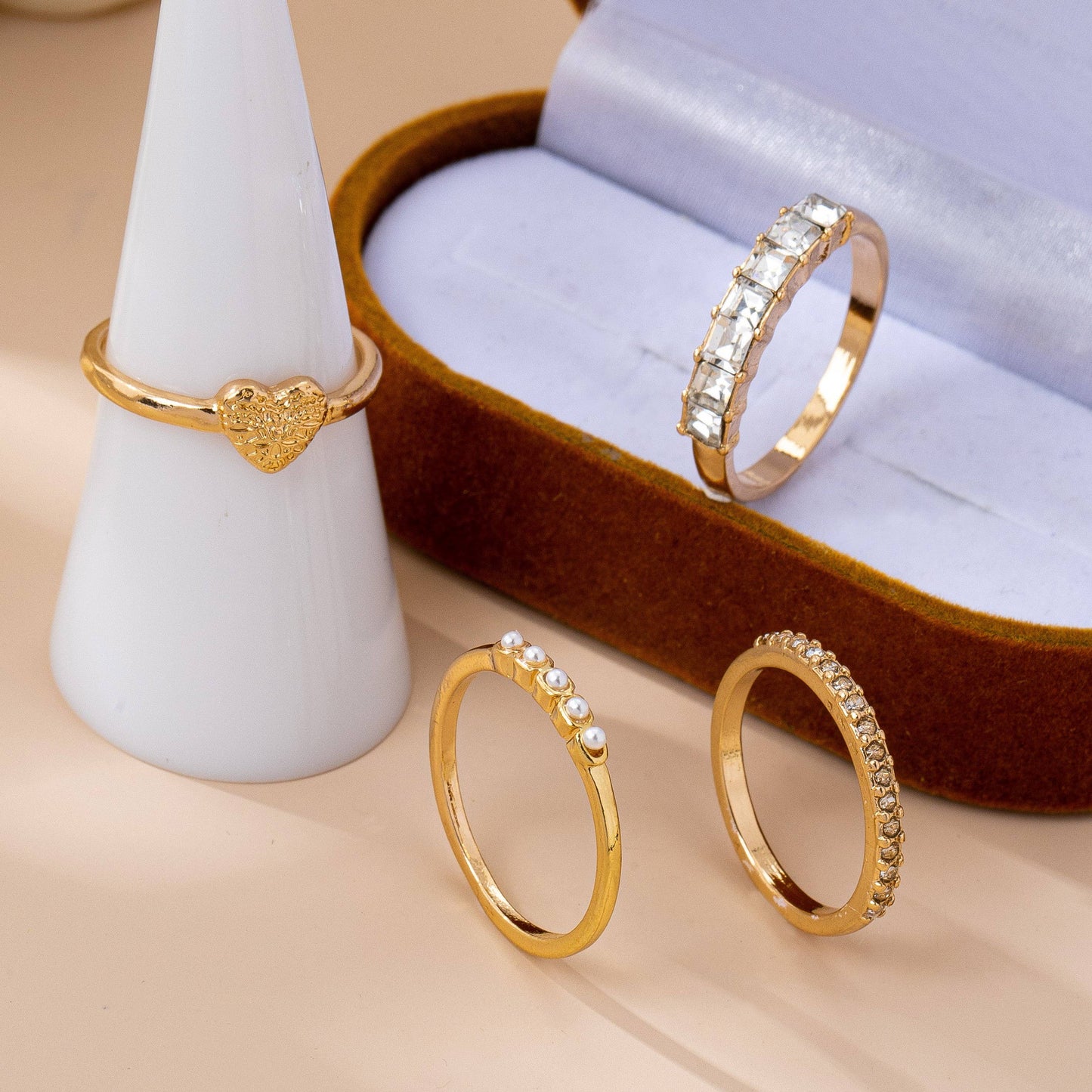 Gold-Tone Mixed Crystal & Pearl Stacking Ring Set | 80R177: SET