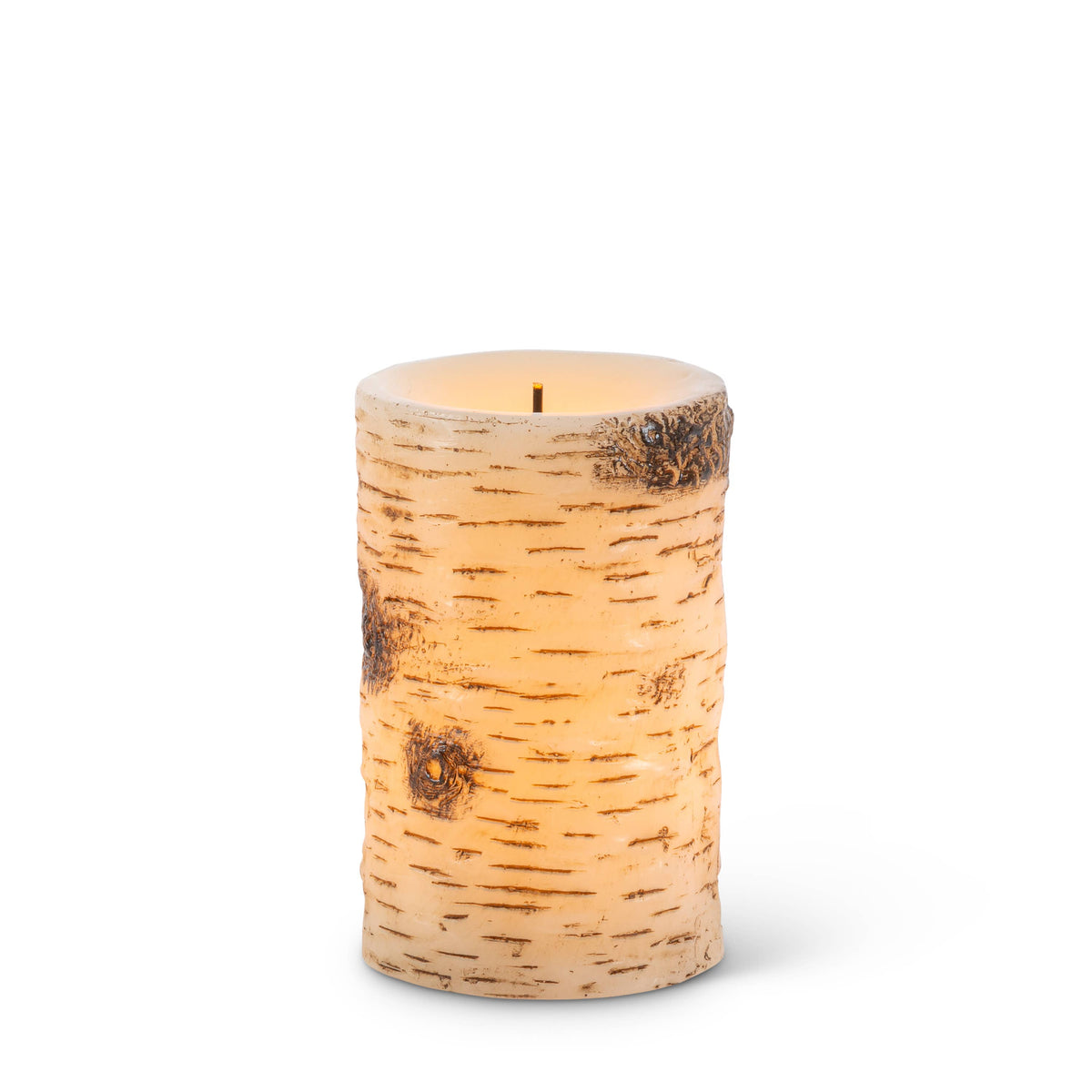 Set of 3 Birch Bark LED Wax Pillar Candles – Graduated 4-Inch, 5-Inch, and 6-Inch Flameless Pillars with Glow Wick(R) and Warm White LED