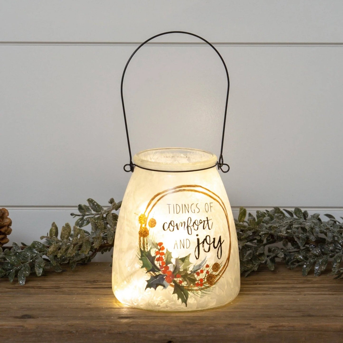 Frosted Glass Luminary with handle - Comfort and Joy