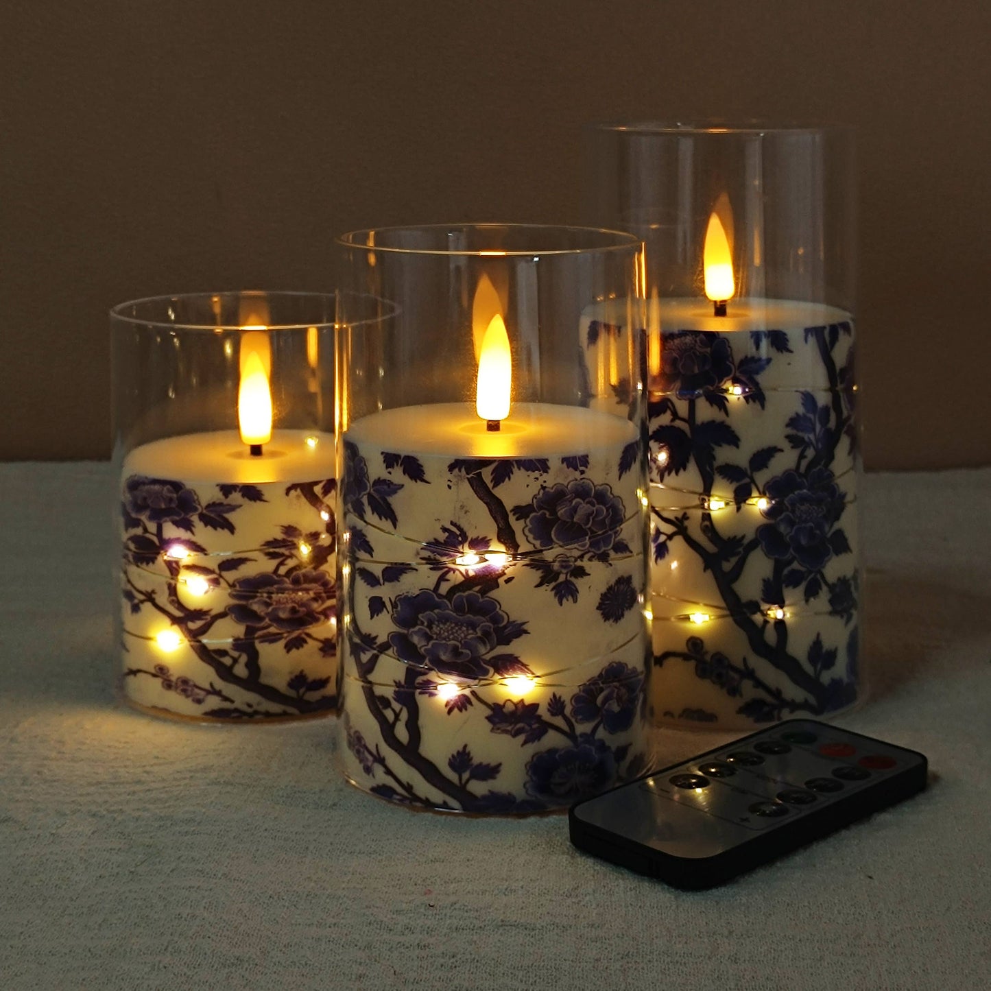 Blue White Porcelain Copper Wire Flameless Candle Set of 3