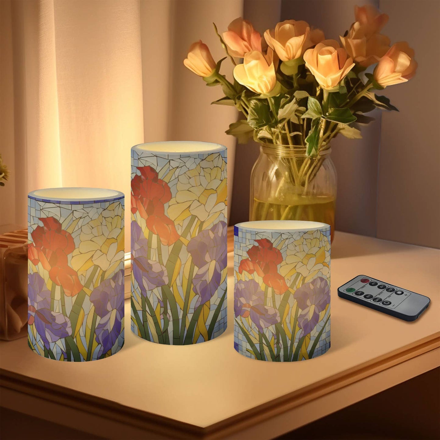 Floral Pattern Striped Flameless Pillar LED Candle Set of 3: HH7
