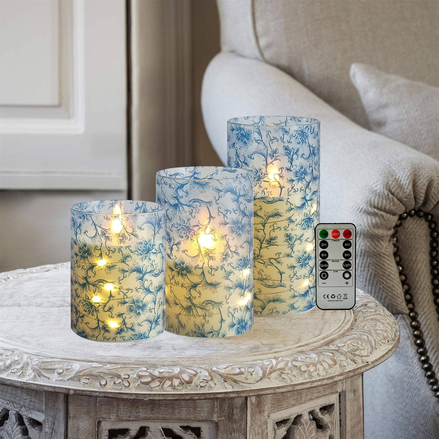 Set of 3 Floral Printed Home Decor Flameless LED Candles