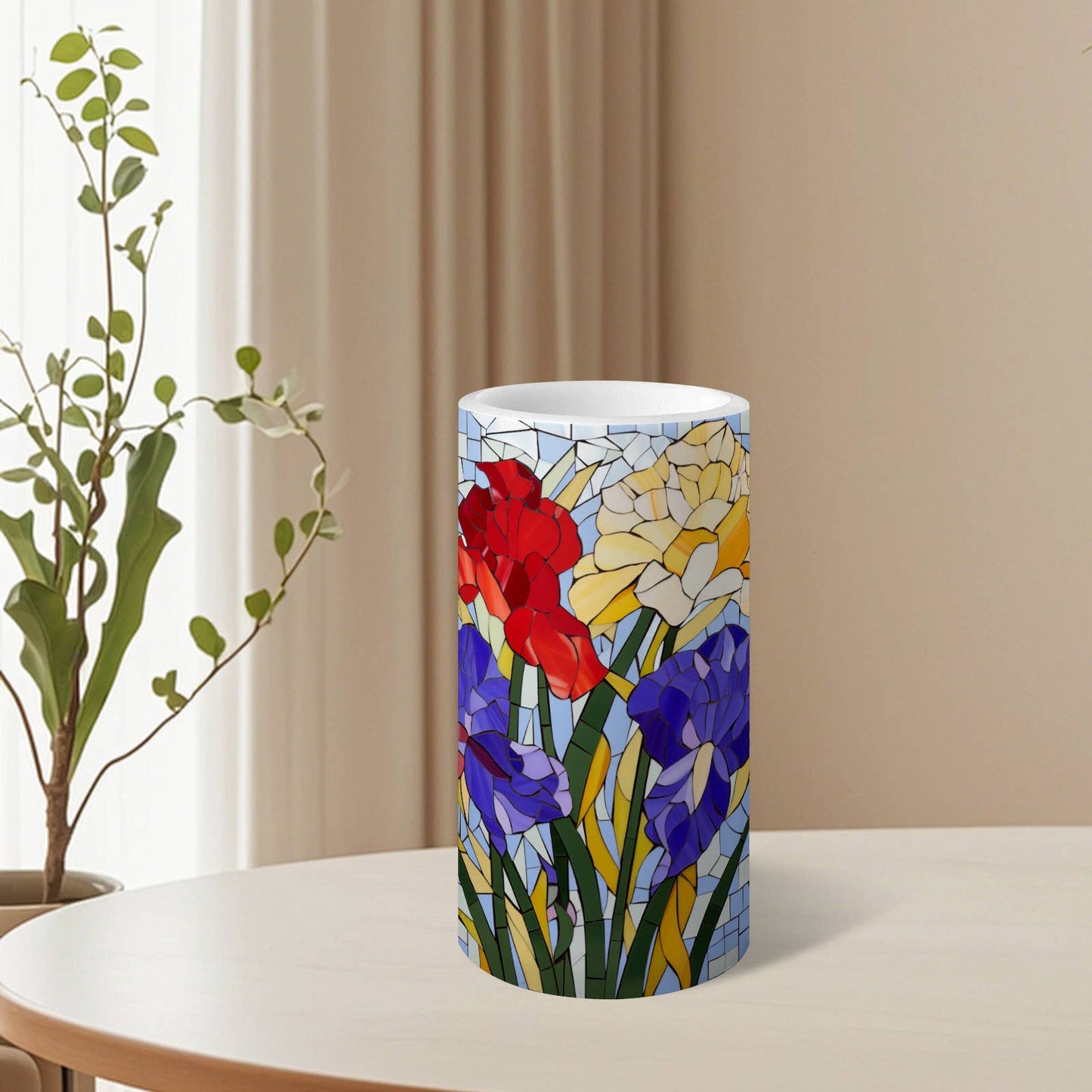 Floral Pattern Striped Flameless Pillar LED Candle Set of 3: HH7