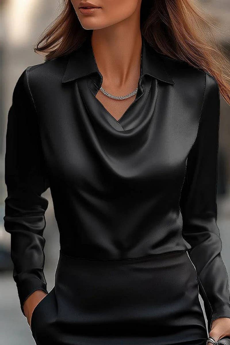 DRAPED NECK LONG SLEEVE BLOUSE: GREY / (XXL)