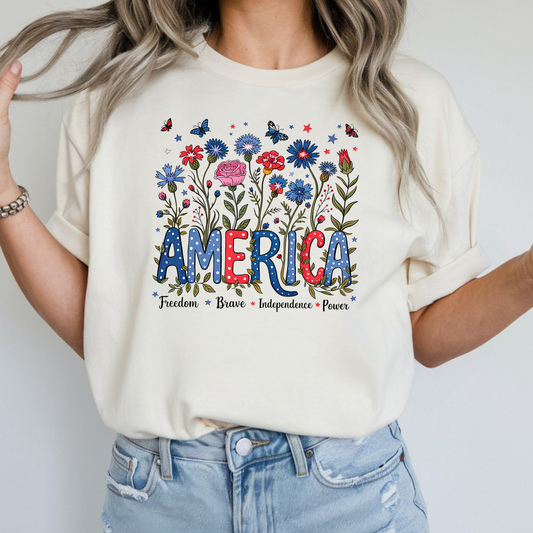 America Floral Graphic T-Shirt – Patriotic Freedom Tee: White / S