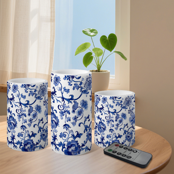 3-Piece Blue & White Porcelain Flameless LED Pillar Candles: BW2