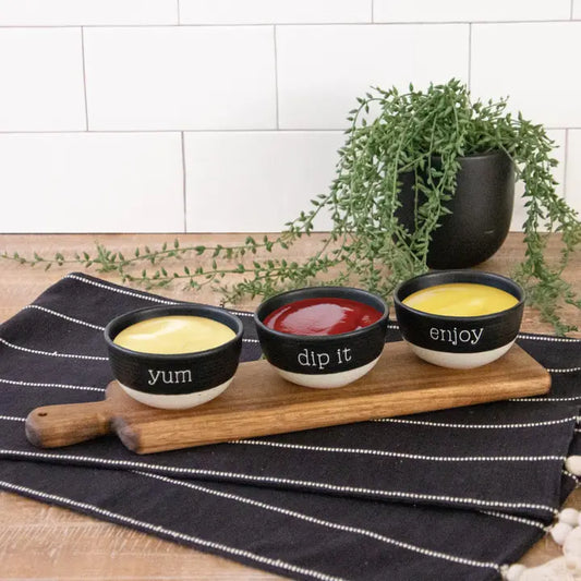 Wood Serving Tray with Stoneware Dip Bowls (Set)