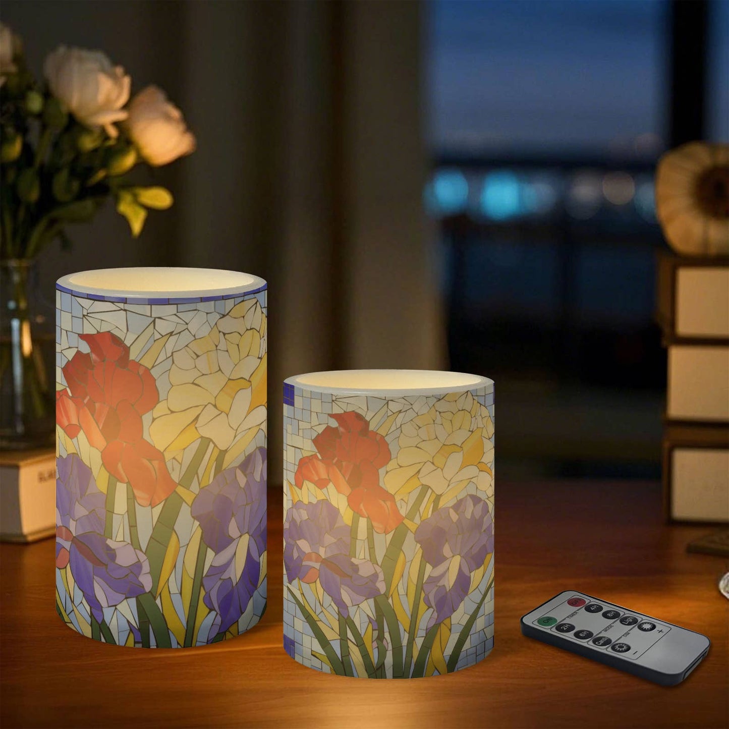 Floral Pattern Striped Flameless Pillar LED Candle Set of 3: HH7
