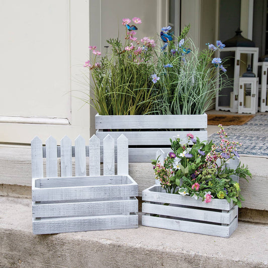 3/Set - White Wooden Picket Planter Boxes