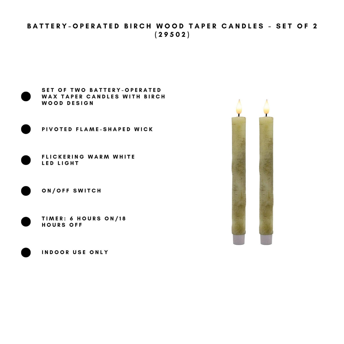 Battery Operated Birch Wood Taper Candles - Set of 2