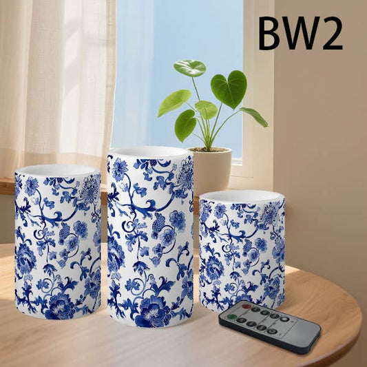 3-Piece Blue & White Porcelain Flameless LED Pillar Candles: BW2