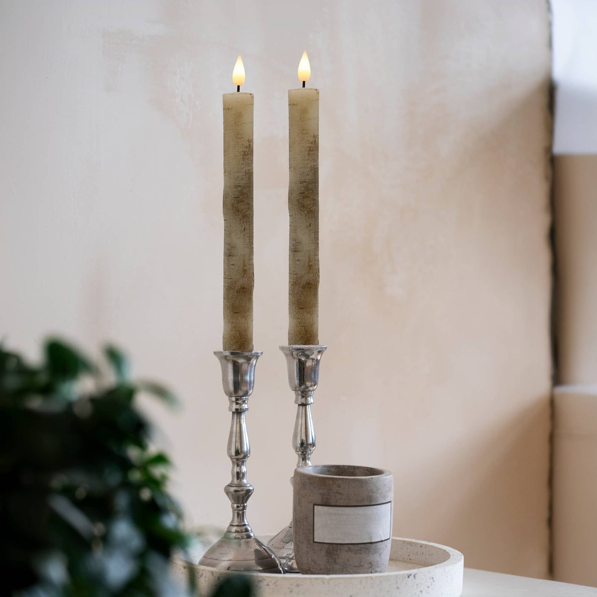 Battery Operated Birch Wood Taper Candles - Set of 2