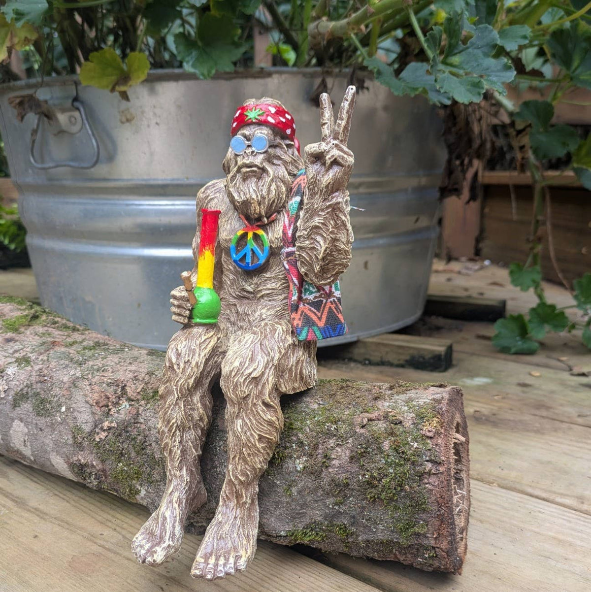 Hippie Bigfoot Sasquatch with Bohemian Bag Statue: Stonegray