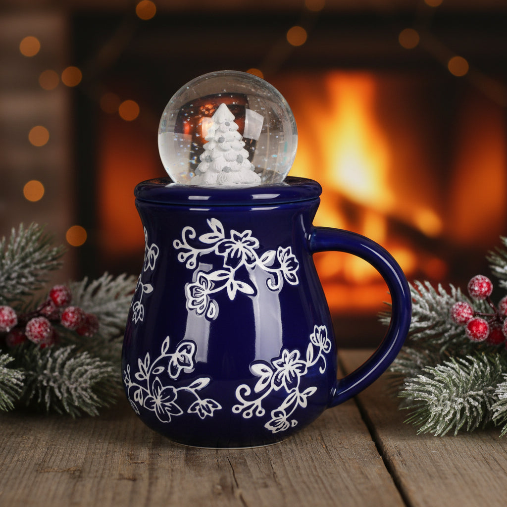 16oz Mug with Snow Globe Lid-it-Floral Lace Blue